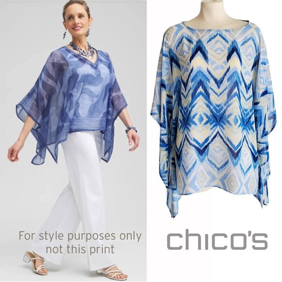Chico’s Printed Crepe Poncho Top Abstract Tribal Blue Yellow Size Medium - Picture 1 of 12